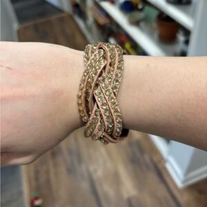 Pink and Gold Rhinestone Braided Wrap Bracelet